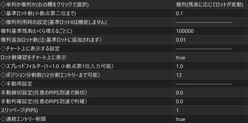 パラメーター画面(ポジション分割数・スプレッドフィルター・手動損切り/利確など)