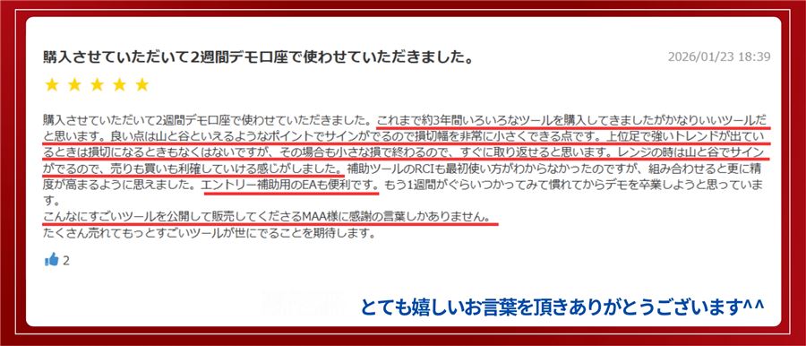 販売ページに掲載されたレビューの画像（2週間デモ口座で使った感想）