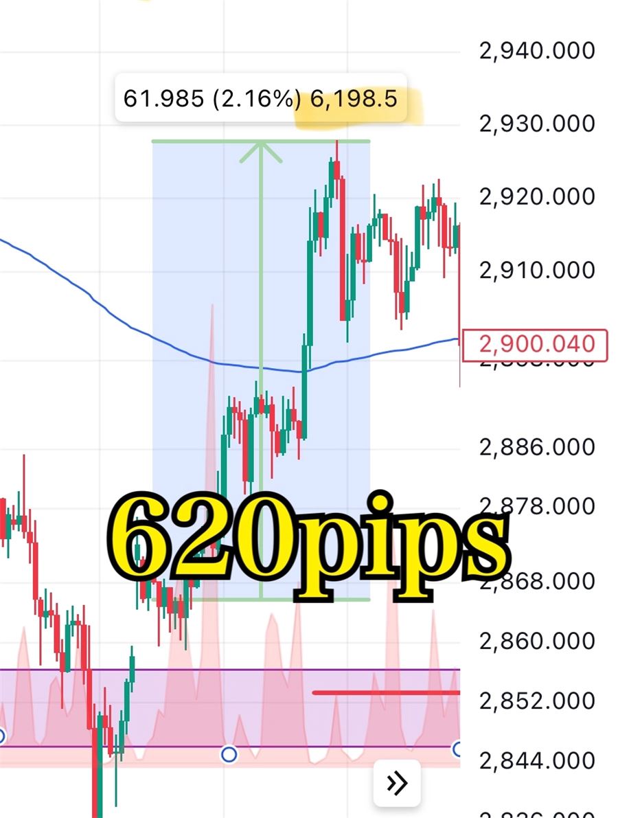 ゴールドの買いの例。620pipsの値幅