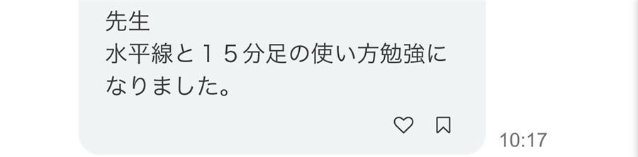 参加者の投稿。「水平線と15分足の使い方勉強になりました」