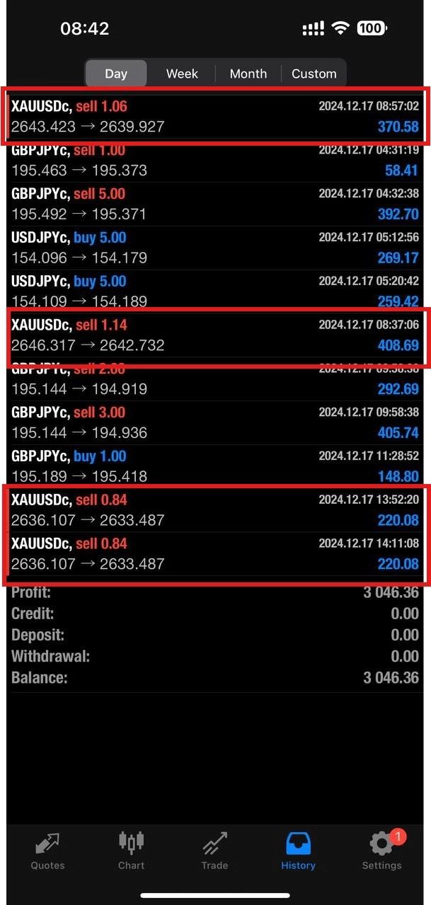 2024年12月17日の取引履歴（赤枠がゴールドの取引）