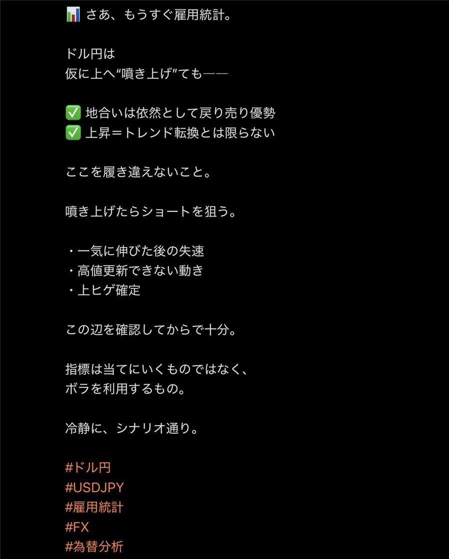 雇用統計の前に投稿したドル円のシナリオ。「噴き上げたらショートを狙う」