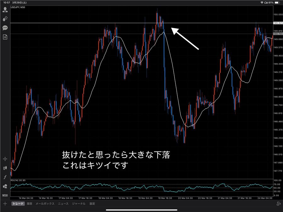 水平線を上に抜けたと思ったら大きく下落した例