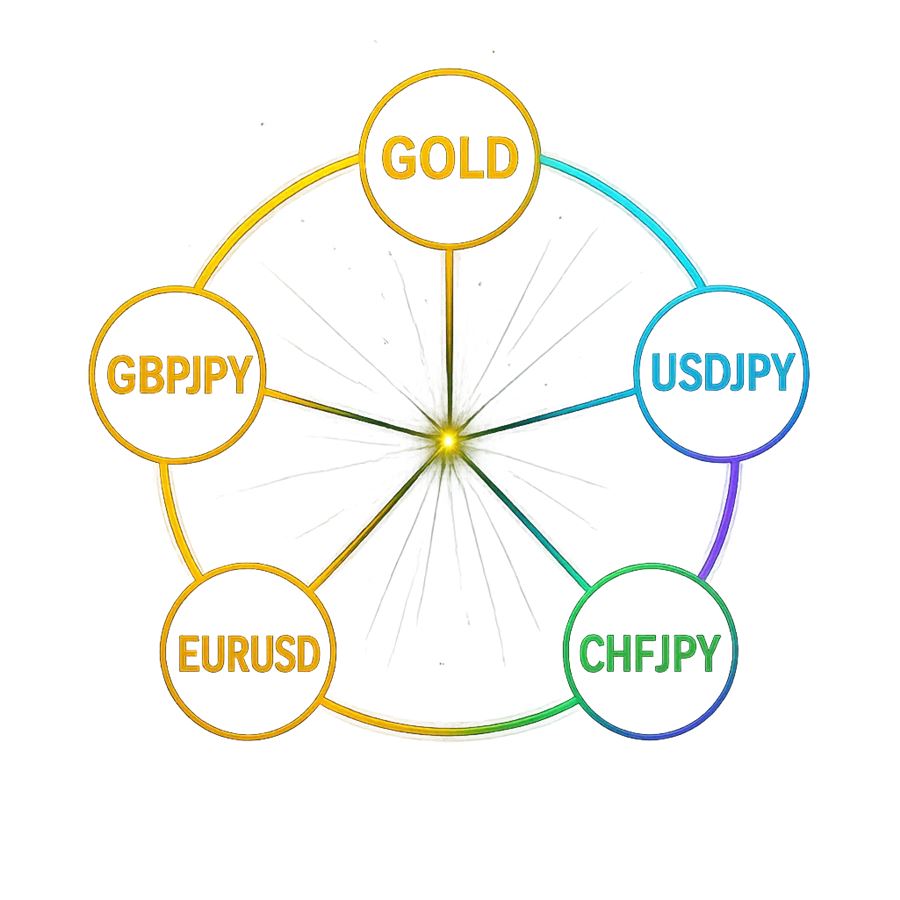 5つの通貨ペア・銘柄で組んだポートフォリオのイメージ
