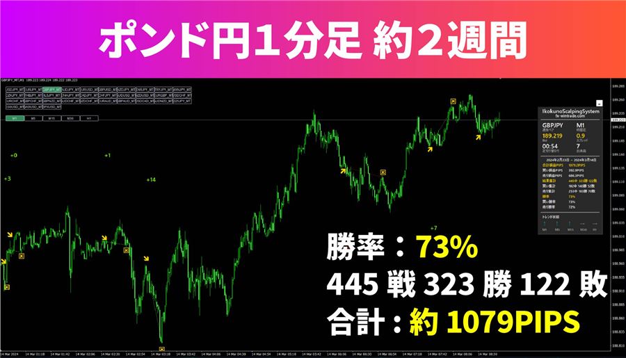 ポンド円1分足・約2週間（勝率73％・445戦・約1,079pips）