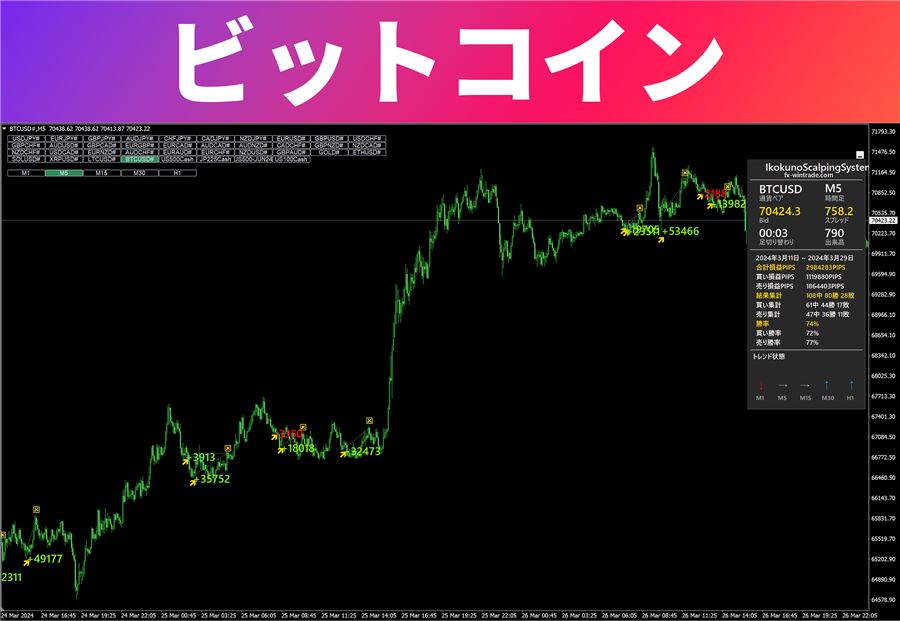 ビットコイン（5分足）での表示例