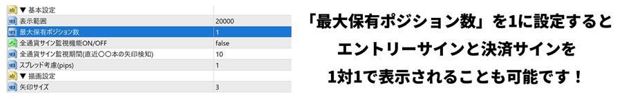 「最大保有ポジション数」を1にすると、エントリーと決済が1対1になる