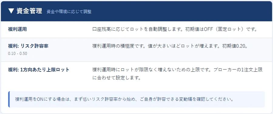 資金管理の設定項目
