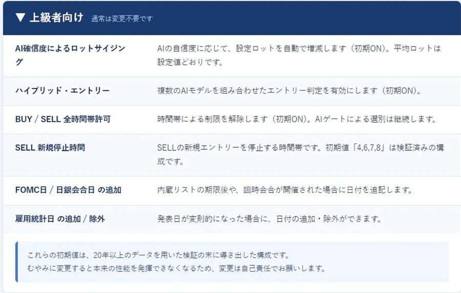 上級者向けの設定項目