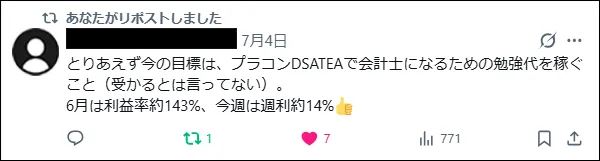 ユーザーの投稿（利益率の報告）