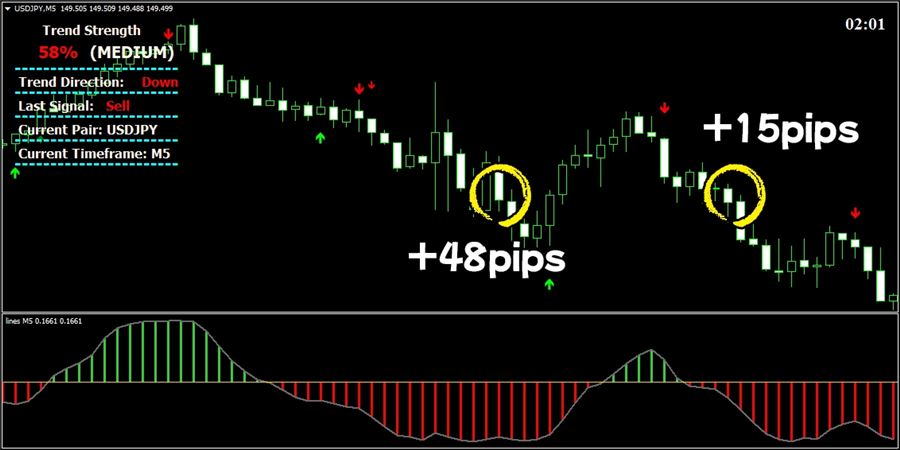 ドル円5分足のトレード例(pips表示)