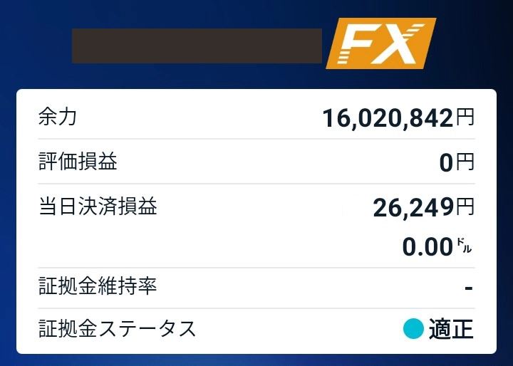口座画面(当日決済損益+26,249円)