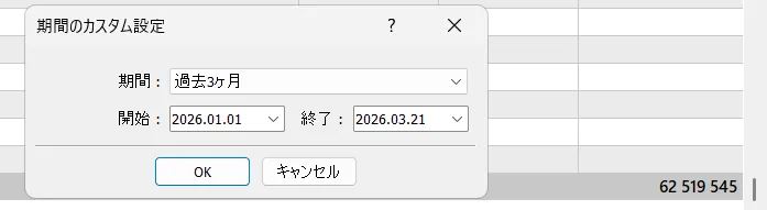 過去3か月（1月1日〜3月21日）の損益（＋62,519,545円）