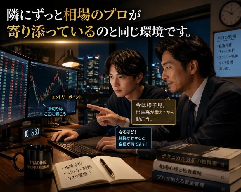 「隣にずっと相場のプロが寄り添っているのと同じ環境」というAI GOD PANELのイメージ