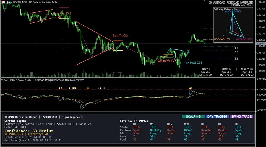 TEPPANと介入余波PROの同時表示イメージ（USDCAD 30分足）
