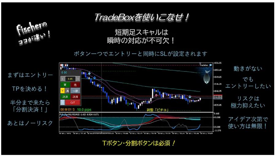 発注ソフトTradeboxの画面。エントリーと同時にSLを設定し、分割決済もできる
