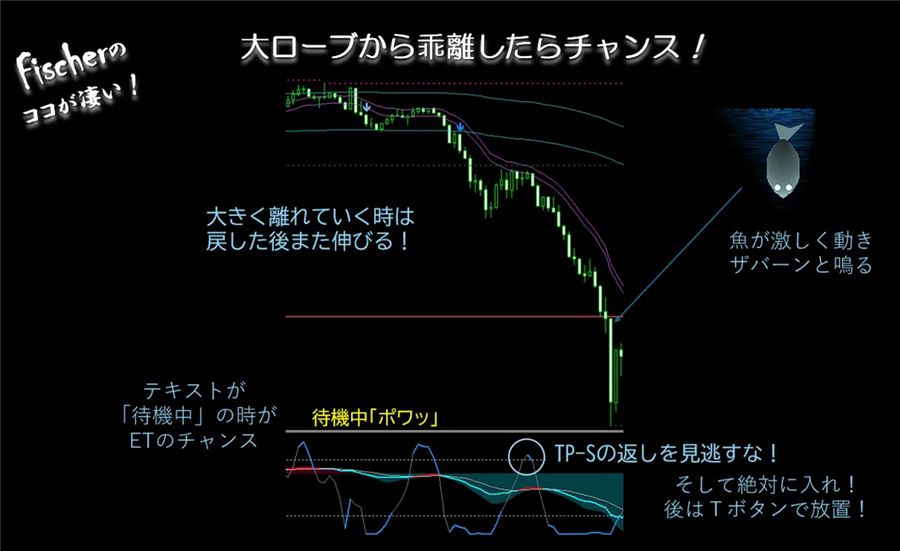 大ロープから大きく乖離したときの例。魚が激しく動き、音が鳴る